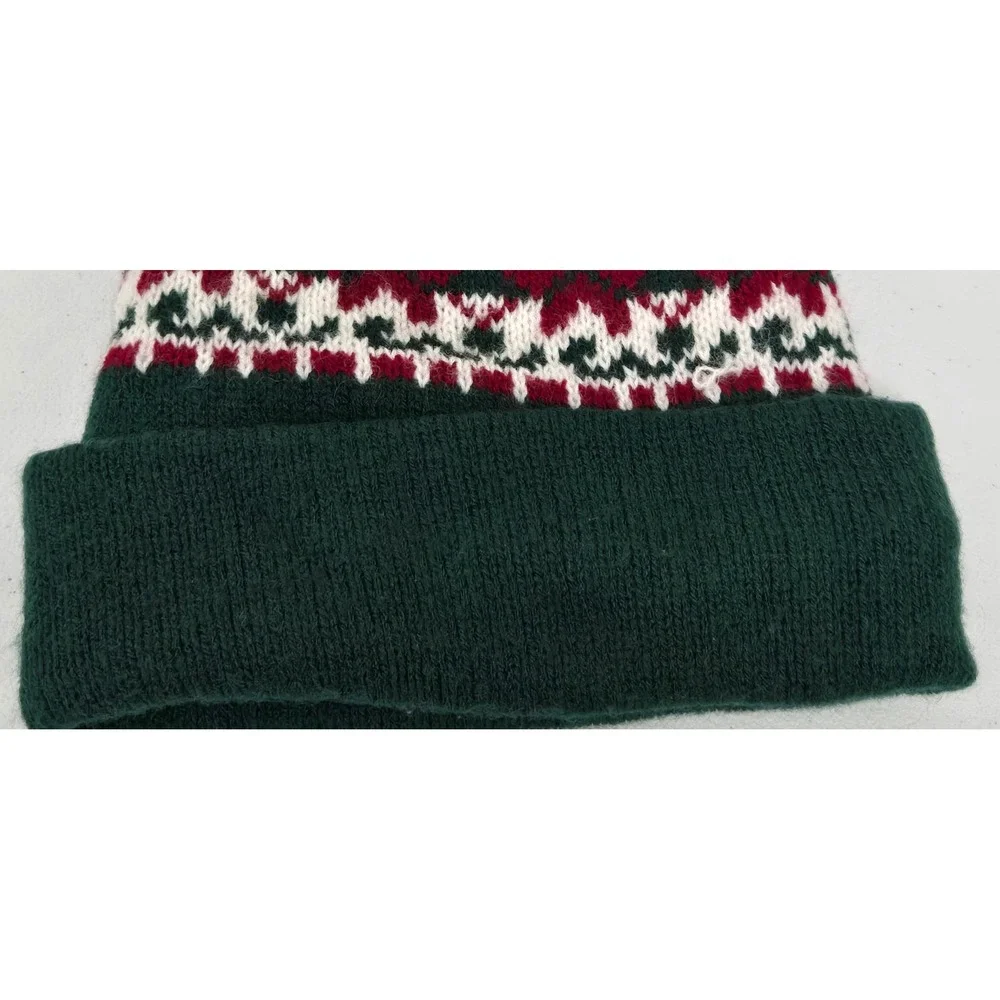 Kids Fair Isle Pom Pom Beanie Hat Green Red White Winter Knit‎ Acrylic 90s vibes